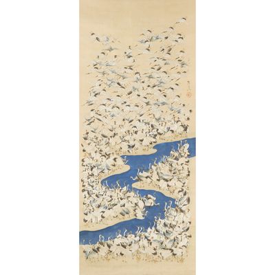 a painting of a flock of birds flying over a body of water