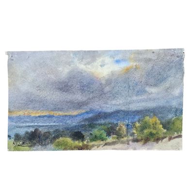 une aquarelle représentant un paysage avec des montagnes au loin