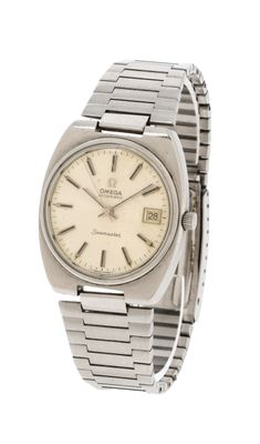 an image of a silver watch with a white dial on a bracelet