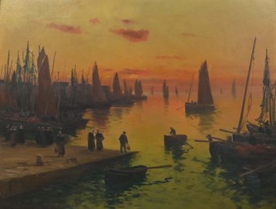 a painting of a harbor scene with boats in the water