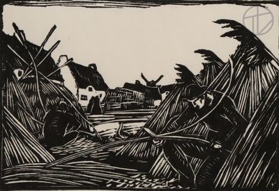un dessin en noir et blanc représentant un village avec un moulin à vent en arrière-plan