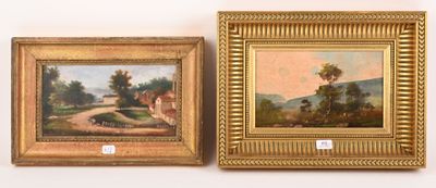 une paire de peintures à l'huile représentant une route de campagne et une scène de vie à la ferme