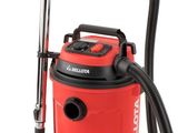 a red vacuum cleaner with a black hose on a white background