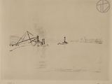 drawing of a boat in a body of water with a man on it