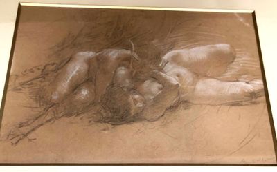drawing of a woman laying down on her back with her head on a pillow