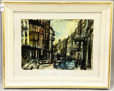 une peinture représentant une scène de rue en ville, avec des voitures et des bâtiments