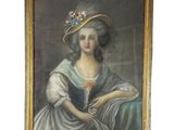 tableau représentant une femme vêtue d'une robe bleue et portant un chapeau