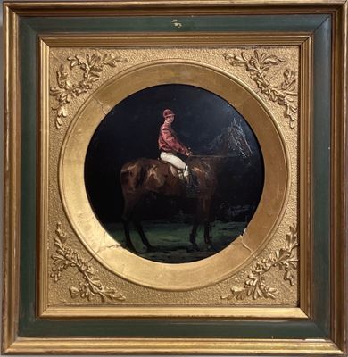 tableau représentant un jockey à cheval, dans un cadre doré