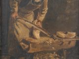 an image of a painting of a man working on a piece of wood