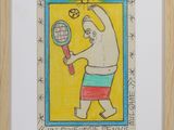 drawing of a man holding a tennis racquet on a yellow background