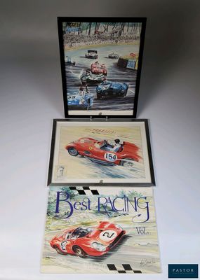 deux livres posés sur une table blanche, avec une photo de voiture de course