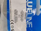 a close up of a blue and white label on a plastic bag
