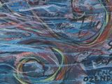 a painting of a man riding a bike in the ocean
