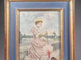 tableau représentant une femme en robe rose, avec une ombrelle et un chien