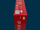 a red box that is sitting on a blue surface