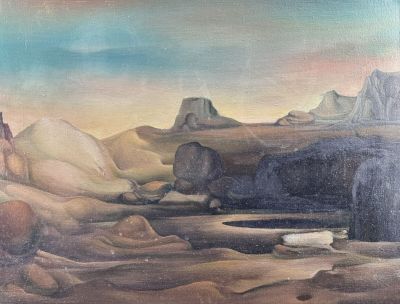 a painting of a desert scene with rocks and a body of water