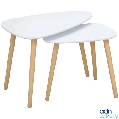 two white tables with wooden legs on a white background