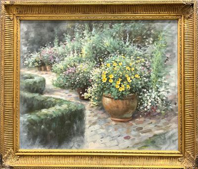 Ecole XXe, Vue d'un jardin, Huile sur toile portant une sign…