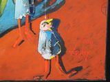 a painting of a man and a woman walking on the beach