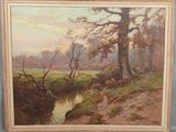 une peinture à l'huile représentant un paysage avec des arbres et un ruisseau