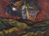 une peinture à l'huile représentant un homme allongé dans son lit, avec un ciel nocturne en arrière-plan