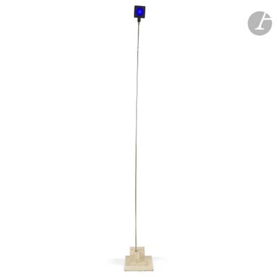 the floor lamp is made of wood and has a blue glass shade
