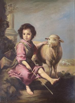 tableau représentant un jeune garçon avec un mouton dans un paysage