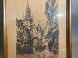 an old picture of a city street with a clock tower in the background
