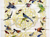 une image représentant un foulard carré orné d'oiseaux sur fond blanc