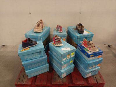 several pairs of shoes are stacked on top of boxes on a pallet