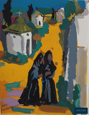 une image représentant un tableau où l'on voit deux femmes debout devant une maison