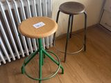 two stools sitting in front of a radiator in a room