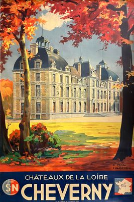 tableau représentant un château de la Loire en automne, avec des arbres au premier plan