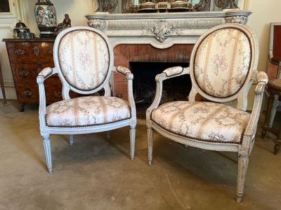 two chairs sitting in front of a fireplace in a room
