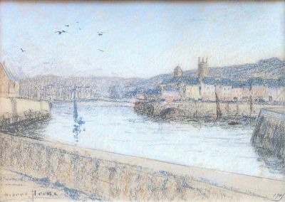 dessin représentant une vue sur une rivière avec un bateau au premier plan