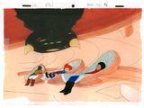 painting of a man on a surfboard with a dog on the beach