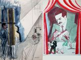 sketches of a man and a woman standing in front of a red and white tent