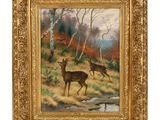 un tableau représentant deux cerfs dans un bosquet près d'un ruisseau