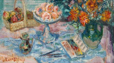 a painting of a vase of flowers and a book on a table