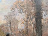 a painting of a man riding a horse in the woods