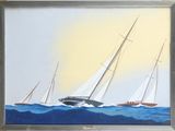 a painting of three sailboats sailing in the ocean