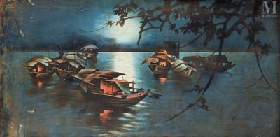 un tableau représentant des bateaux flottant sur l'eau la nuit