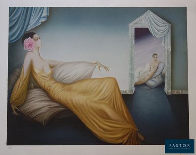 a painting of a woman in a yellow dress sitting on a bed