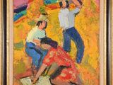 a painting of two men and a woman in a field