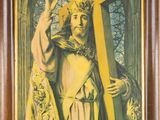 painting of a man carrying a cross in a wooden frame
