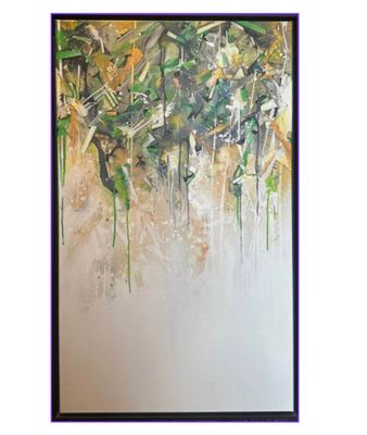 une peinture abstraite représentant des fleurs vertes et jaunes sur fond blanc