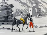 a painting of a man riding a horse next to a woman