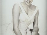 a black and white photo of a woman in a white dress