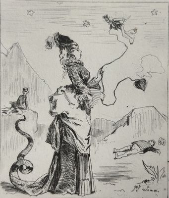 un vieux dessin représentant une femme tenant un chat et faisant voler un cerf-volant
