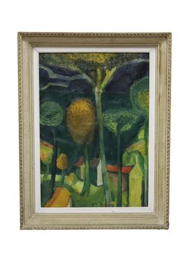 tableau représentant un arbre jaune dans un champ vert, avec un ciel bleu en arrière-plan